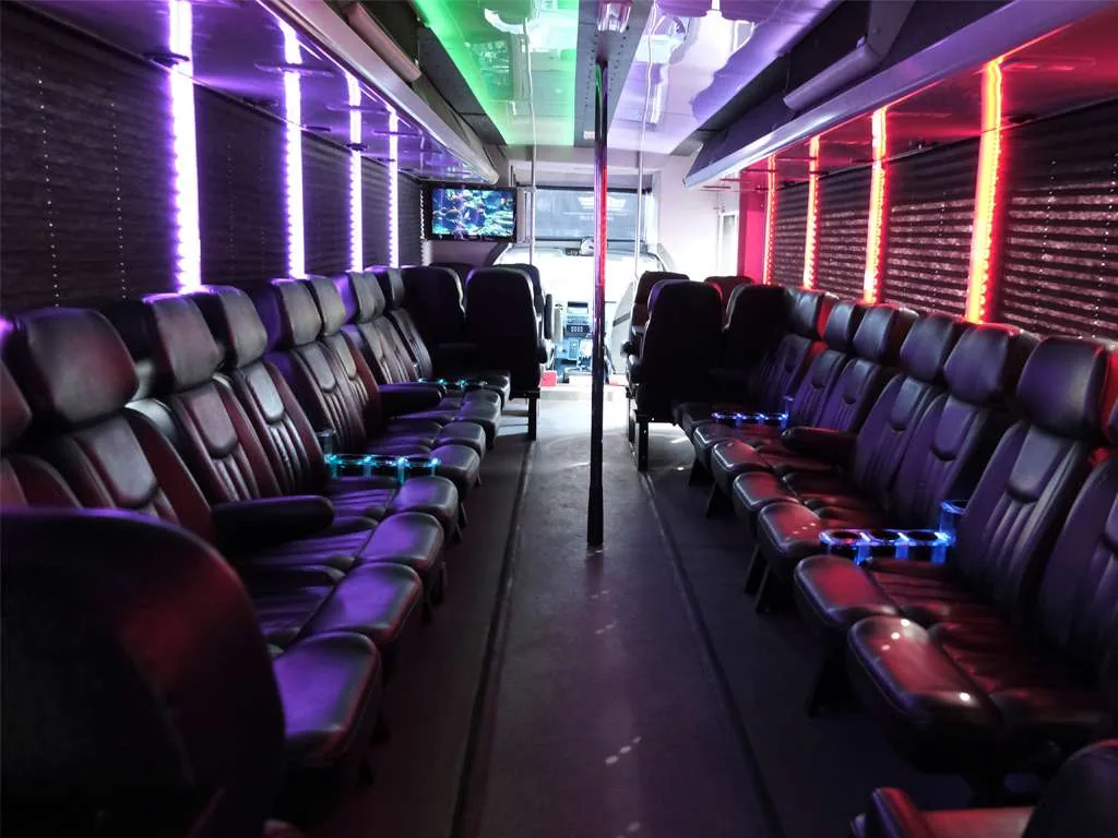 Party bus interior with blue lighting