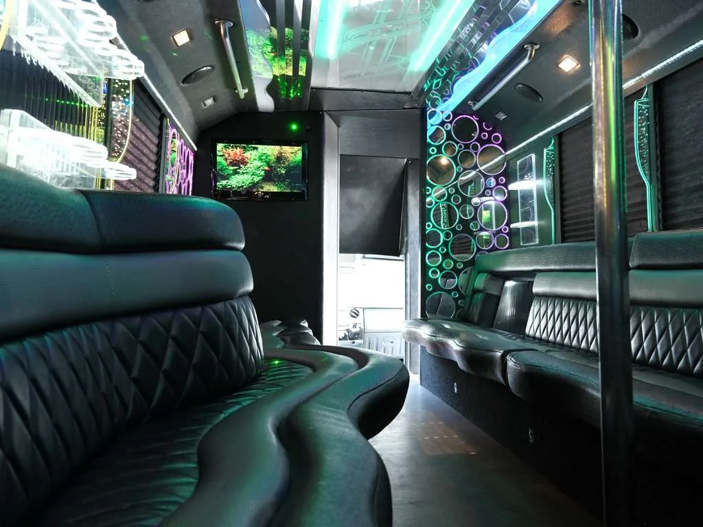 Party bus interior with white seating